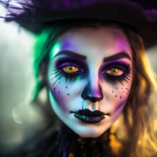 Prompt: Close up portrait of a young woman Halloween Witch . Green, orange, purple smokey lighting