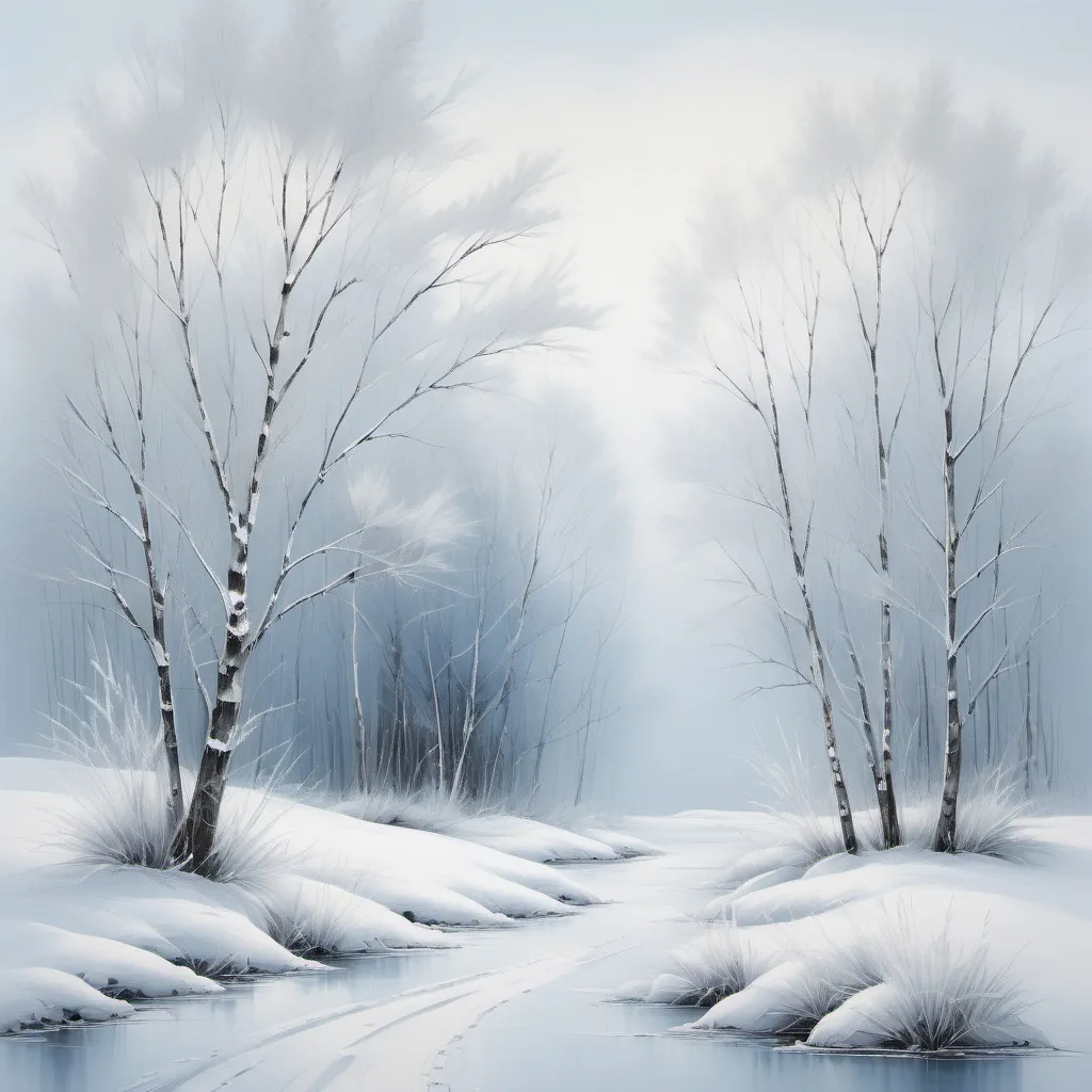 Prompt: Winter theme wall art, delicate brush strokes, serene snowy landscapes, rich frost details, minimalist design, soft blue and white color palette, crisp and cool tones, tranquil ambiance, inviting nature scenes, subtle textures of frost, cozy winter atmosphere, ultra-detailed, art that evokes warmth in the cold, evocative wintery charm.
