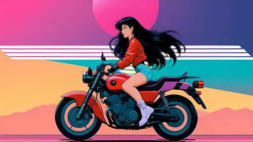 Prompt: A beautiful Woman with Long black hair riding a motorcycle, Akira Inspired, Synthwave, Studio Ghibli style