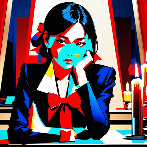 Prompt: Medium shot of a beautiful 21 year old Korean woman,(highly detailed, clearly focused, 4k, pensive, feminine and beautiful look),, wearing beautiful (((black suit))) with a red bow, black hair,beautiful face,, sitting in a candle lit office; digital illustration, perfect anatomy, classical background, dark silhouette, dynamic, highly detailed, artstation, concept art, smooth, sharp focus, illustration, master art, trending on artstation, sharp focus, studio photo, intricate details, highly detailed, Hector Garrido, Yoji Shinkawa