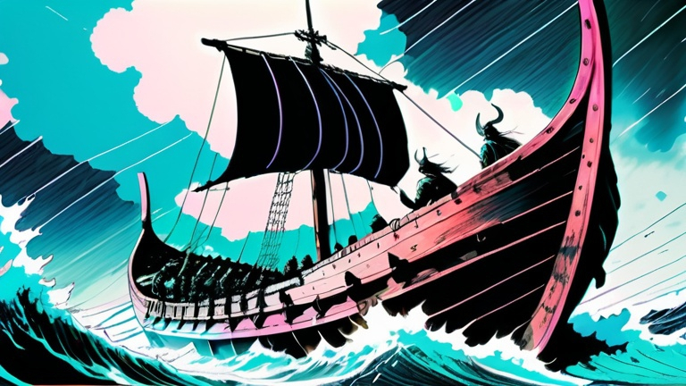 Prompt: viking Warships crossing the sea through a storm, yoji shinkawa, takehiko inoue, surrealism, vaporwave, akira style. detailed line art. fine details, solid lines, vibrant colors, Epic and dreamy style. vintage anime (nostaliga-core), lofi cozy
