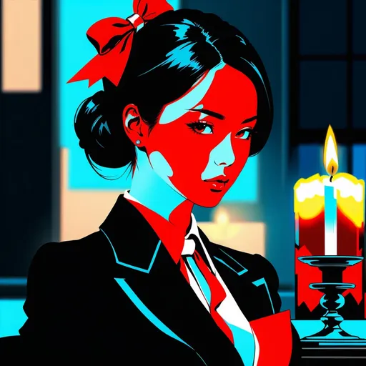 Prompt: Medium shot of a beautiful 21 year old Korean woman,(highly detailed, clearly focused, 4k, pensive, feminine and beautiful look),, wearing beautiful (((black suit))) with a red bow, black hair,beautiful face,, sitting in a candle lit office; digital illustration, perfect anatomy, classical background, dark silhouette, dynamic, highly detailed, artstation, concept art, smooth, sharp focus, illustration, master art, trending on artstation, sharp focus, studio photo, intricate details, highly detailed, Hector Garrido, Yoji Shinkawa