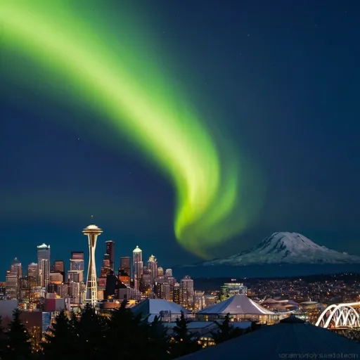 Prompt: Realistic Aurora Borealis over Seattle