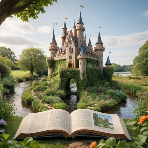 Prompt: Un cuento abierto donde sus paginas sean de un castillo, jardín y un río