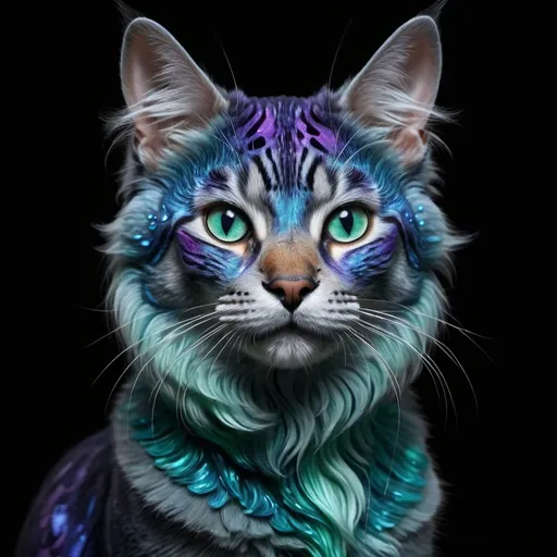 Prompt: Create an image of a hybrid creature, blending enchanting features of both a cat and a dog. Picture a majestic creature with the graceful body and whiskers of a cat, adorned with perked, expressive dog ears. Its tail is a mesmerizing combination: fluffy like a dog’s but with a cat's elegant curl at the end. The fur is a vibrant, glossy mix of feline patterns and canine markings, bursting with hues of deep blues, purples, and silvers. Let the eyes be captivating, one reflecting a serene ocean blue and the other a vivid emerald green. The creature is poised and regal against a stark, black background for stark contrast, emphasizing its unique, magical essence.