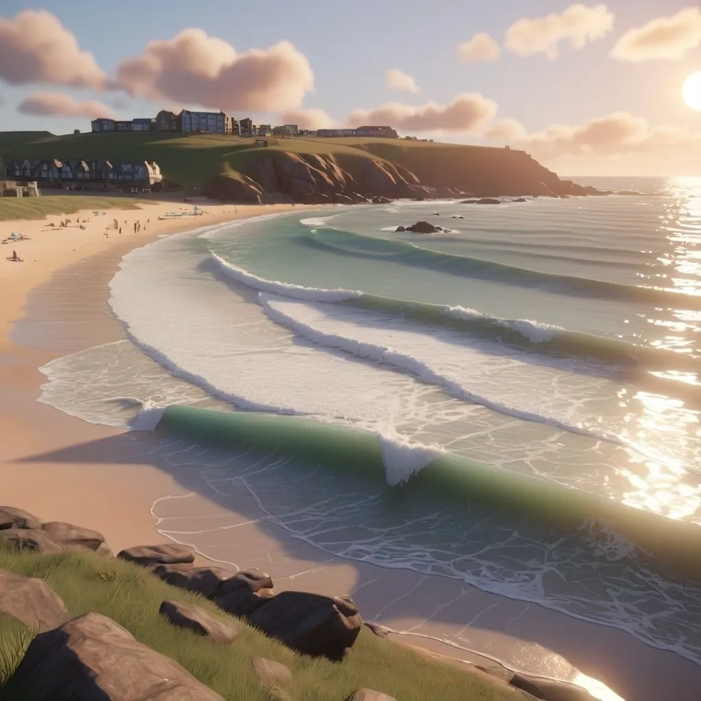 Prompt: A beach and surf break based on Fistral, Newquay, unreal engine, surfers, beach goers, surf, sunset, beautiful 