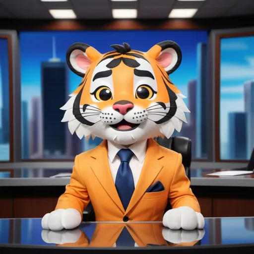 Prompt: A news anchor with the cute face of a tiger with suit is delivering the news.