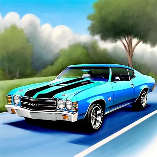 Prompt: a 3/4 view realistic illustration of a 1972 Chevy Chevelle SS in Blue. Convertible
