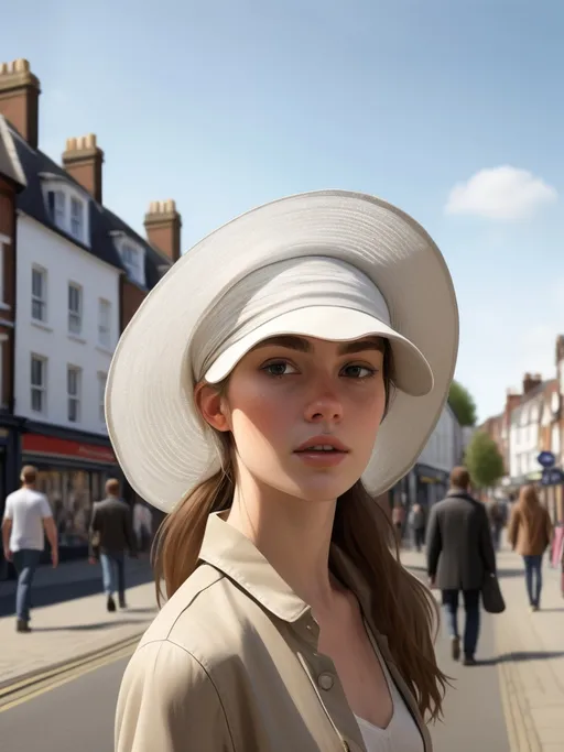 Prompt: Tall young woman walking down the high street, detailed clothing, realistic, natural lighting
