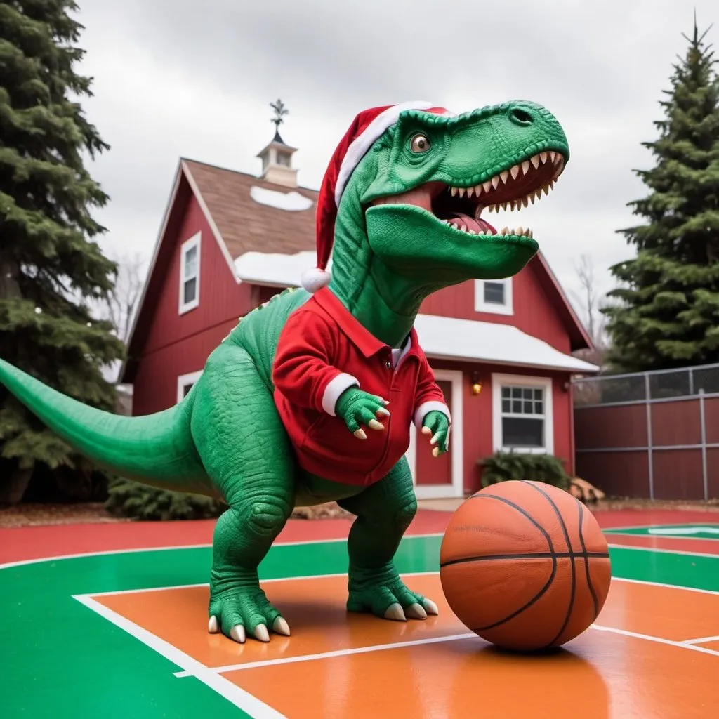 Prompt: 
a dinosaur pooping on the basketball court at Santa's house