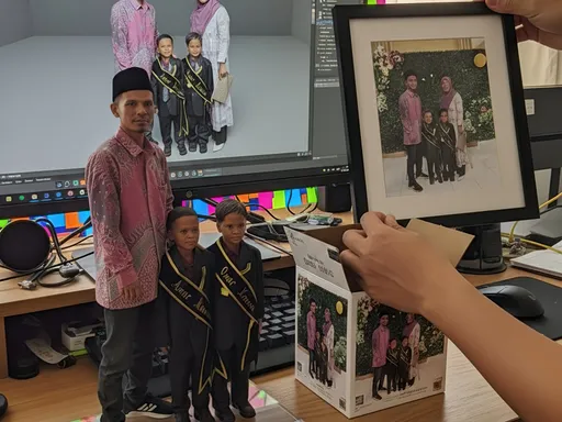 Prompt: Two hands tenderly grasp a photograph from its frame, gently rotating it to examine the image more closely. In the glow of a softly lit workspace, a computer screen displays a serene model, adorned in vibrant colors, while beside it, the printed model on the packaging stands poised in perfect stillness. The background, a cascade of lively hues and shapes, pulsates with energy, contrasting with the calmness of the main subjects. Sunlight streams in through a nearby window, casting playful reflections that dance across the surfaces, adding warmth and depth to the scene. The atmosphere is alive with the anticipation of creativity, invoking a sense of exploration and inspiration. This image could be rendered in a photorealistic style with vibrant lighting to enhance the captivating interplay of light and color.