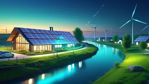 Prompt: (illuminated smart grid), electric vehicles, bicycles, solar panels on roofs, wind turbine, water mill by a river, (futuristic landscape), vibrant energy-efficient aesthetics, (blue and green hues), dynamic light reflections, harmonious integration of technology and nature, ultra-detailed, 4K resolution, serene yet active ambiance highlighting sustainability, modern lifestyle at dusk.