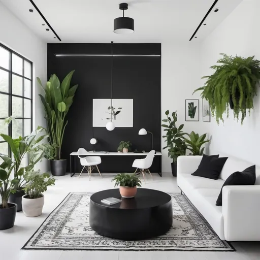 Prompt: A minimalist house with plants around it and black and white furniture valued at $15,000