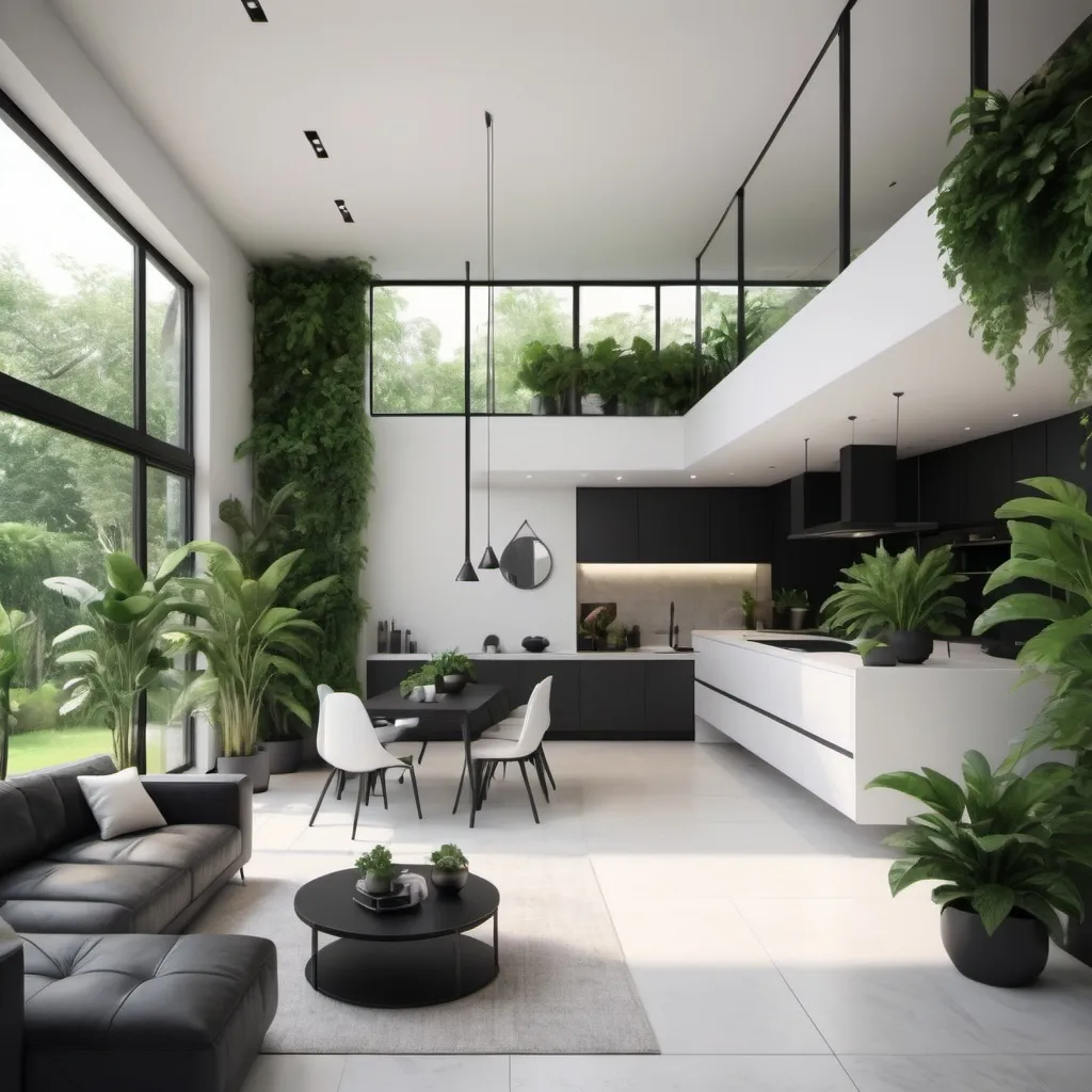 Prompt: A minimalist house with plants around it and black and white furniture valued at $15,000