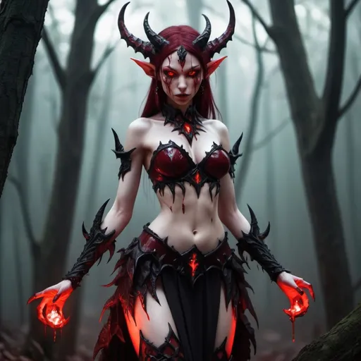 Prompt: Fantasy crystal skinned elf demoness, coarsest no skirt dark red, bloody claws, glowing eyes, black trim, full body, dark forest