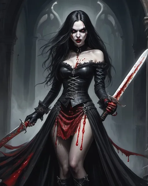 Prompt: Dhampir Wielding Great Sword wearing goth skirt trimmed in red with blood dripping from her fangs