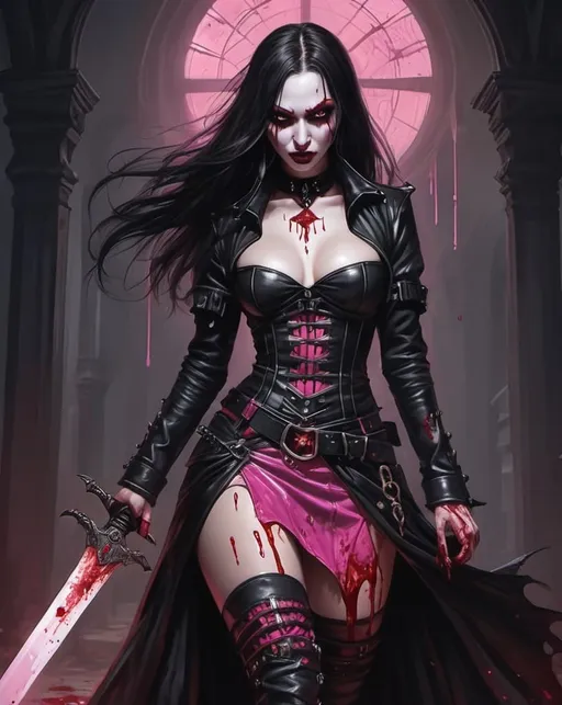 Prompt: Dhampir Wielding Great Sword wearing goth skirt no top trimmed in hot pink with blood dripping from her fangs