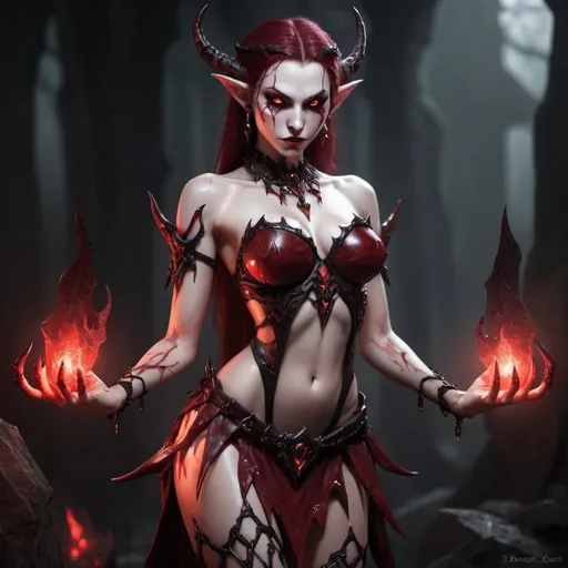 Prompt: Fantasy crystal skinned elf demoness, coarsest no skirt dark red, bloody claws, glowing eyes, black trim