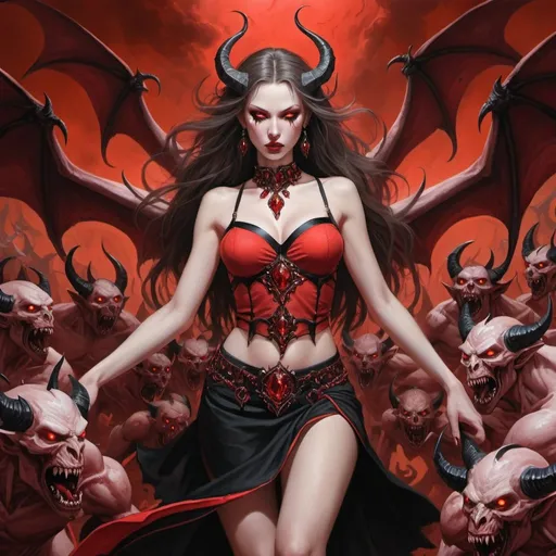 Prompt: Fantasy Art, Blood Demoness, Red with Black trim jeweled sleeveless skirt flying over a horde of demons