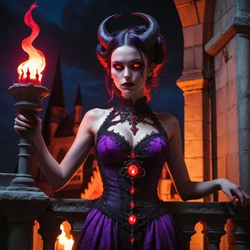 Prompt: Daemon empress with red glowing eyes in sleeveless dress trimmed in red  outside on gothic castle balcony lit by torches with purple flames at night