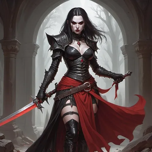 Prompt: dungeons and dragons fantasy art Dhampir Wielding Great Sword wearing goth skirt trimmed in red