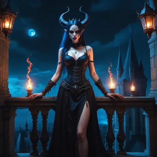Prompt: fantasy art female Demon Empress in sleeveless skirt standing on a balcony of her dark gothic castle at night lit with blue witch fire lamps