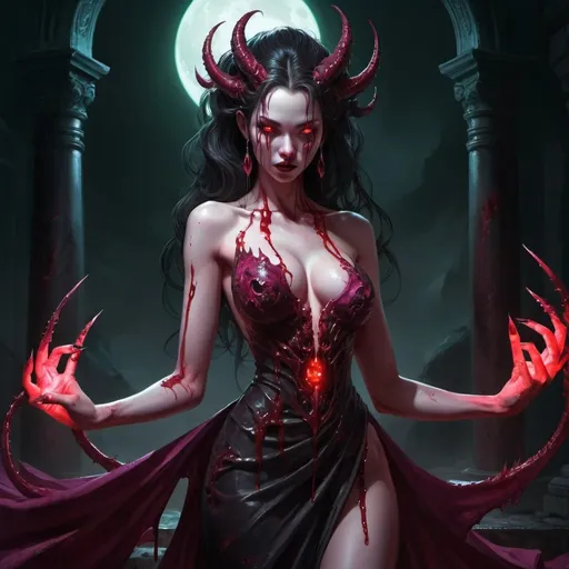 Prompt: Fantasy Art, Bloody soaked daemon Jade Empress in sleeveless gown, long claws, night, fuchsia nails, glowing red eyes, full length body