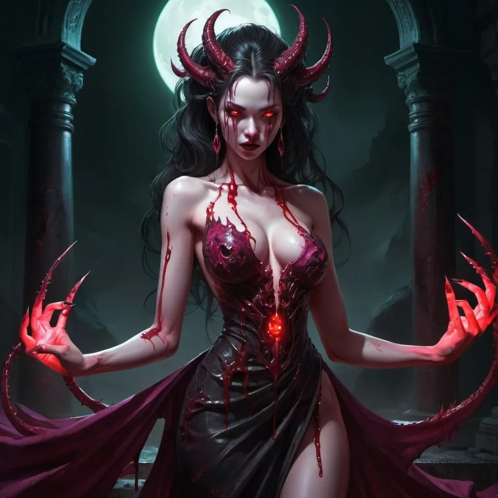 Prompt: Fantasy Art, Bloody soaked daemon Jade Empress in sleeveless gown, long claws, night, fuchsia nails, glowing red eyes, full length body