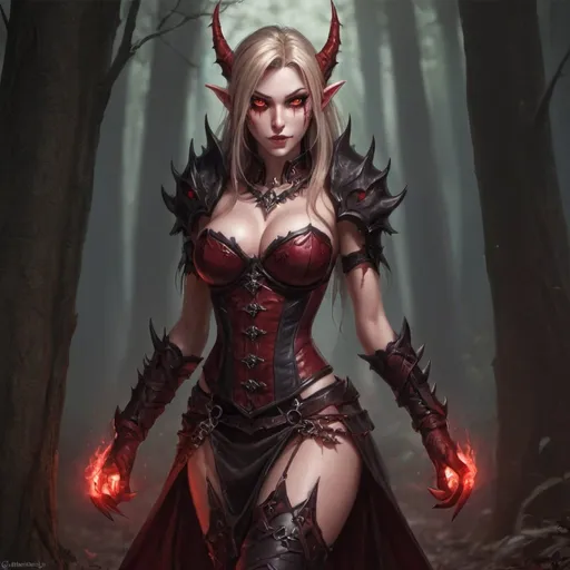 Prompt: Fantasy art, crystal skinned, female blood elf ,corset no skirt, dark red, bloody claws and fangs, glowing eyes, black trim, full body, black forest, visible fangs, grinning