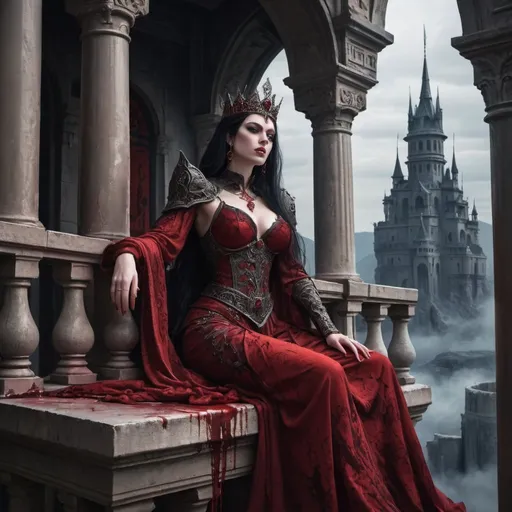 Prompt: Fantasy art Blood Empress of the dark empire on her castle balcony looking down on her subjects