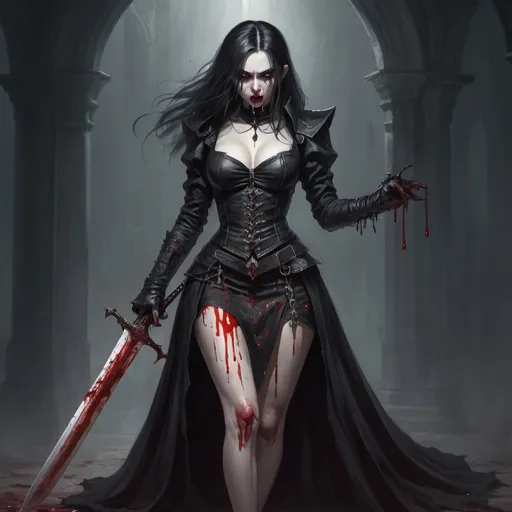 Prompt: Dhampir Wielding Great Sword wearing goth skirt trimmed in red with blood dripping from her fangs