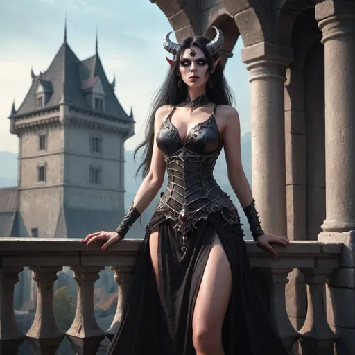 Prompt: fantasy art female Demon Empress in sleeveless skirt standing on a balcony of her castle