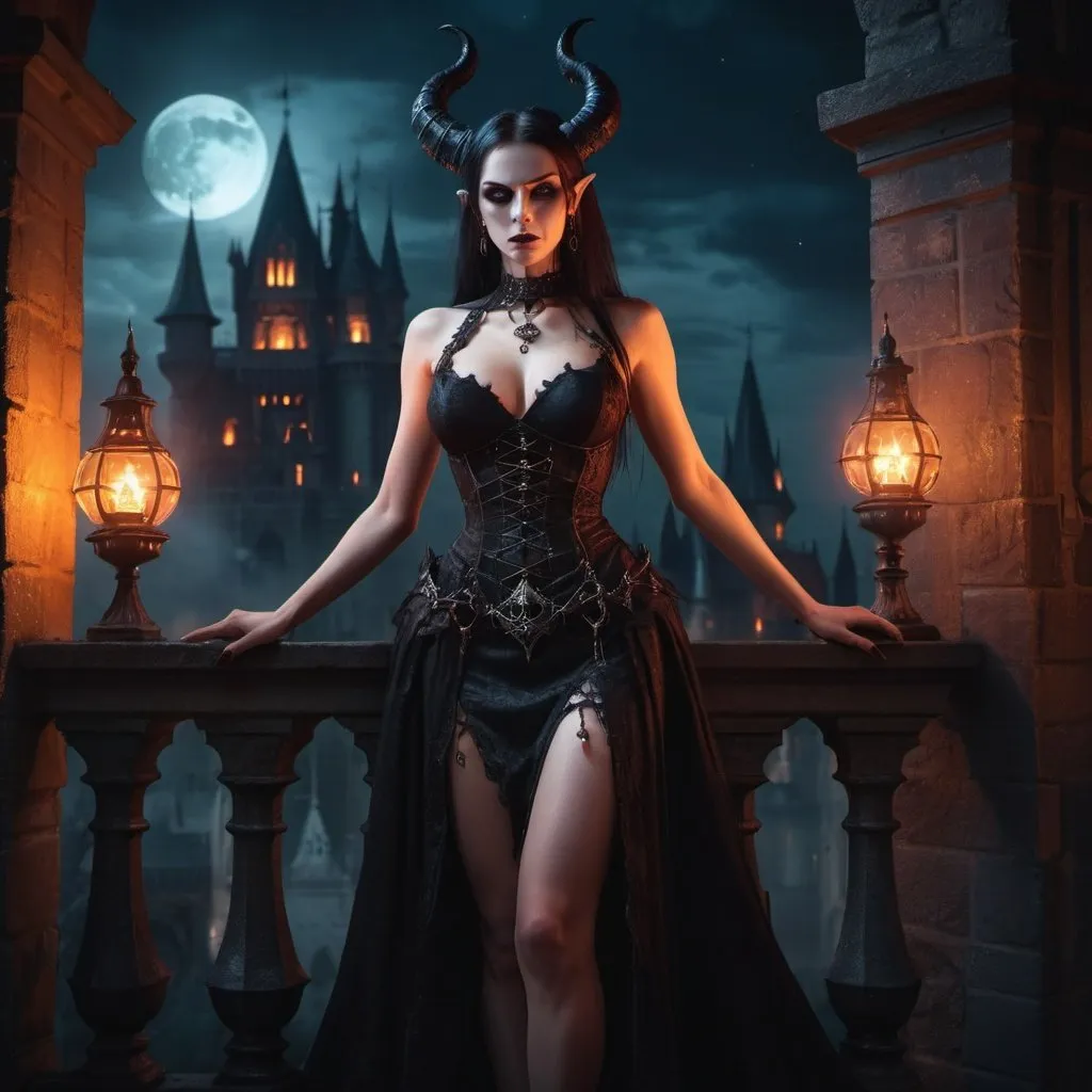 Prompt: fantasy art female Demon Empress in sleeveless skirt standing on a balcony of her dark gothic castle at night lit with witch fire lamps