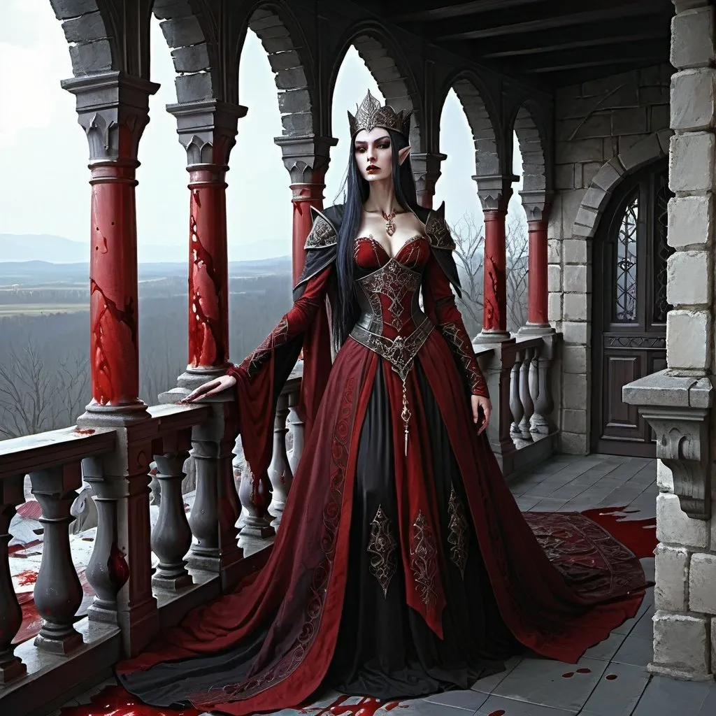 Prompt: Fantasy art Blood Empress, dark elven empire, castle balcony Cossack clothing