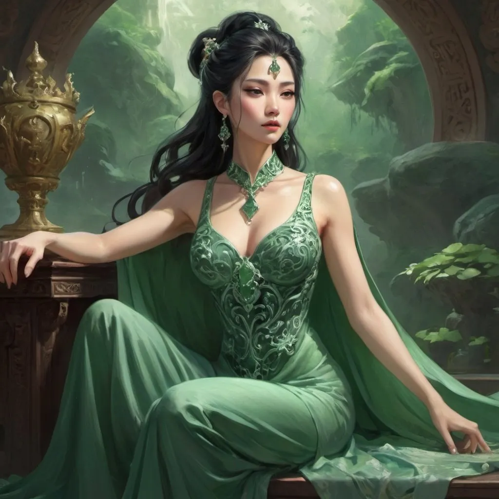Prompt: Fantasy Art, Jade Empress in sleeveless gown