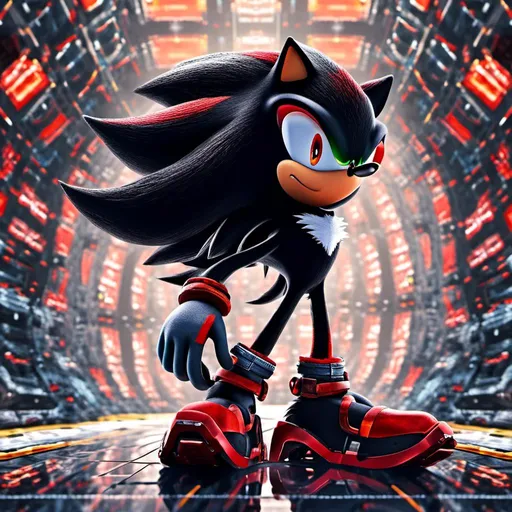 Prompt: <mymodel>Shadow the hedgehog with cool sunglasses, 2 arms and 2 legs, red eyes, standing on the deck of a massive space station with a frown, space background, detailed fur with cool reflections, intense and focused gaze, high tech air shoes, stars and galaxies, best quality, highres, ultra-detailed, futuristic, cool tones, detailed eyes, sleek design, professional, atmospheric lighting