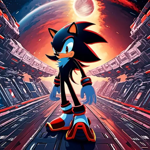 Prompt: <mymodel>Shadow the hedgehog with cool sunglasses, 2 arms and 2 legs, red eyes, standing on the deck of a massive space station with a frown, space background, detailed fur with cool reflections, intense and focused gaze, high tech air shoes, stars and galaxies, best quality, highres, ultra-detailed, futuristic, cool tones, detailed eyes, sleek design, professional, atmospheric lighting