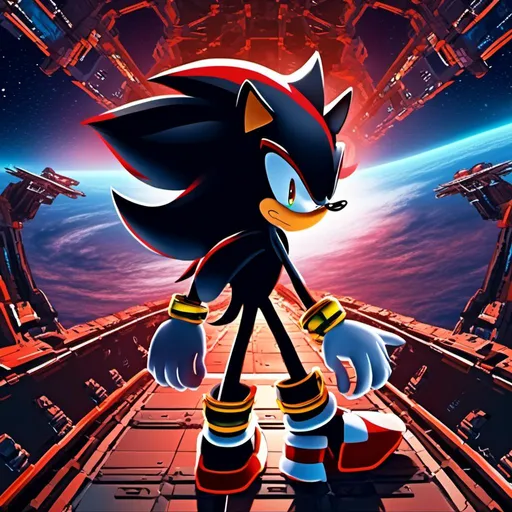 Prompt: <mymodel>Shadow the hedgehog with cool sunglasses, 2 arms and 2 legs, red eyes, standing on the deck of a massive space station with a frown, space background, detailed fur with cool reflections, intense and focused gaze, high tech air shoes, stars and galaxies, best quality, highres, ultra-detailed, futuristic, cool tones, detailed eyes, sleek design, professional, atmospheric lighting