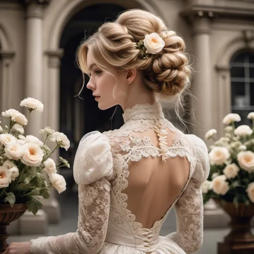 Prompt: Young woman, long honey blonde wavy hair, low bun, flowers in hair, Victorian style, lace and flowers wedding dress, museum background