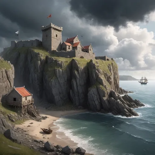 Prompt: Create an image of Windy Crag, a fortified outpost perched on a high cliff overlooking Woolly Bay but in ruins. The stone walls and watchtowers have fallen after a pirate attack. Below the fortress, a hidden cove shelters ships docked along the rocky shoreline. The village nestled near the fortress consists of simple wooden and stone buildings, with narrow streets leading to a small market square. In the distance, dark clouds gather over the bay. The scene should evoke a sense of tension and adventure, with hints of hidden dangers and secrets around every corner.