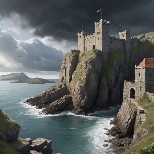 Prompt: Create an image of Windy Crag, a fortified outpost perched on a high cliff overlooking Woolly Bay but in ruins. The stone walls and watchtowers have fallen after a pirate attack. Below the fortress, a hidden cove shelters ships docked along the rocky shoreline. The village nestled near the fortress consists of simple wooden and stone buildings, with narrow streets leading to a small market square. In the distance, dark clouds gather over the bay. The scene should evoke a sense of tension and adventure, with hints of hidden dangers and secrets around every corner.