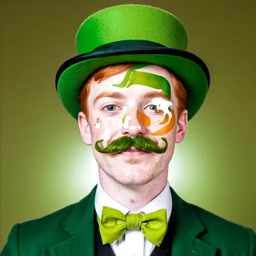 Prompt: happy irish guy with ginger hair with freckles and a mustache with a green top hat on and with green clothes
