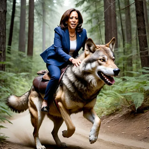 Prompt: Kamala Harris riding a wolf