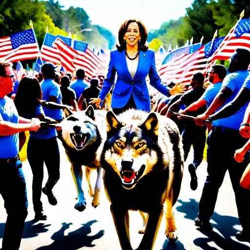 Prompt: Kamala harris riding a wolf leading a large group of determined Americans