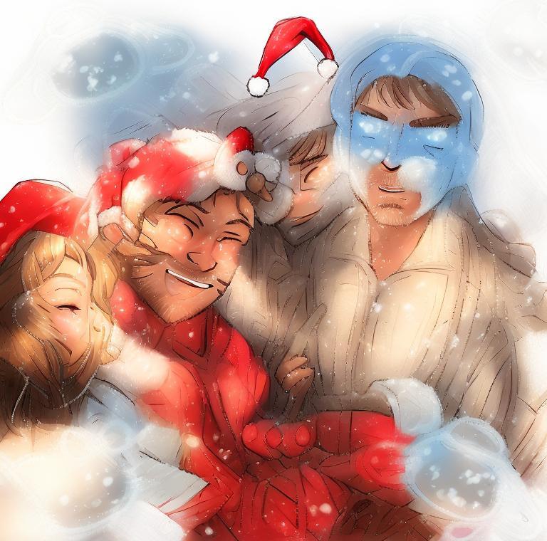 Prompt: santa hat guy with couple on the snow by mgosketches