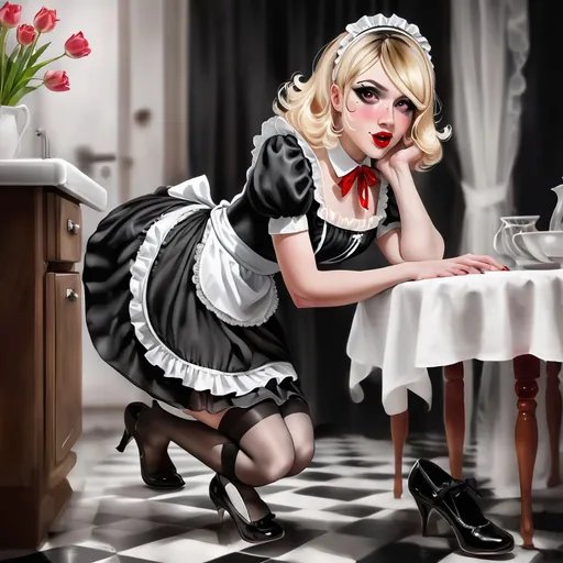 Prompt: Dragqueen with extremally girly makeup, red plump lips, in black and white maid dress with a white apron, sheer black stockings, black strip shoes and blonde wig on all fours