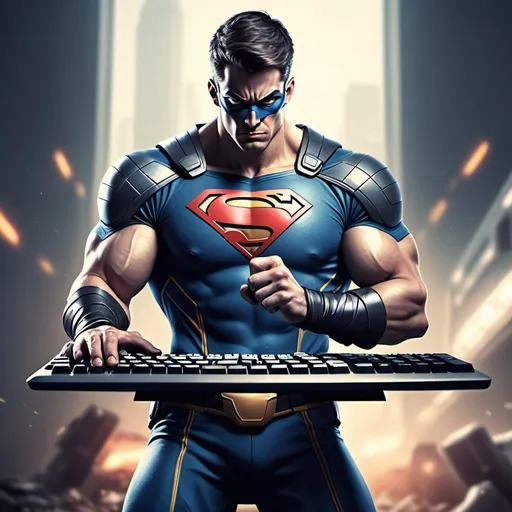 Prompt: Please create for me a picture of a superhero fighter holding a keyboard in his hand and a mouse in a standing position with a keyboard in his hand with high accuracy, leaning on the shoulder, with excellent details, with an exciting, heroic action atmosphere.