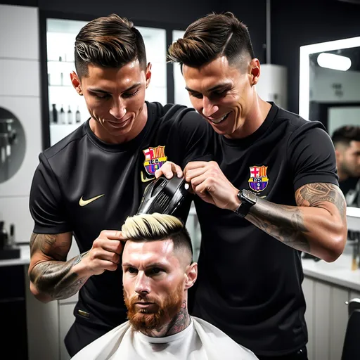 Prompt: crie uma imagem de cristiano Ronaldo cortando cabelo de Lionel messi com a maquina de corte dentro de uma barbearia