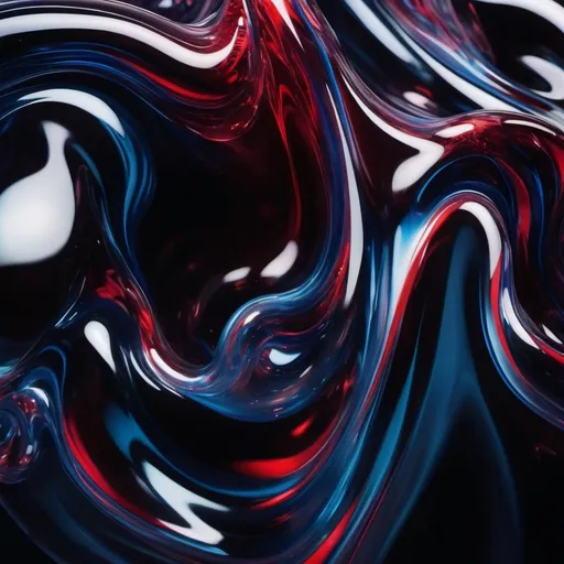 Prompt: Abstract glossy, trippy, fluid-like transparent structures and waves transparent red and blue, molten glass in mid-air, dynamic, dark backdrop