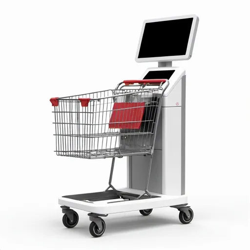 Prompt: Small automatic checkout smart shopping cart, white background
